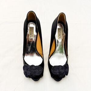 Badgley Mischka Frank Black Satin Rosette Peep Toe Pumps Heels Size 8